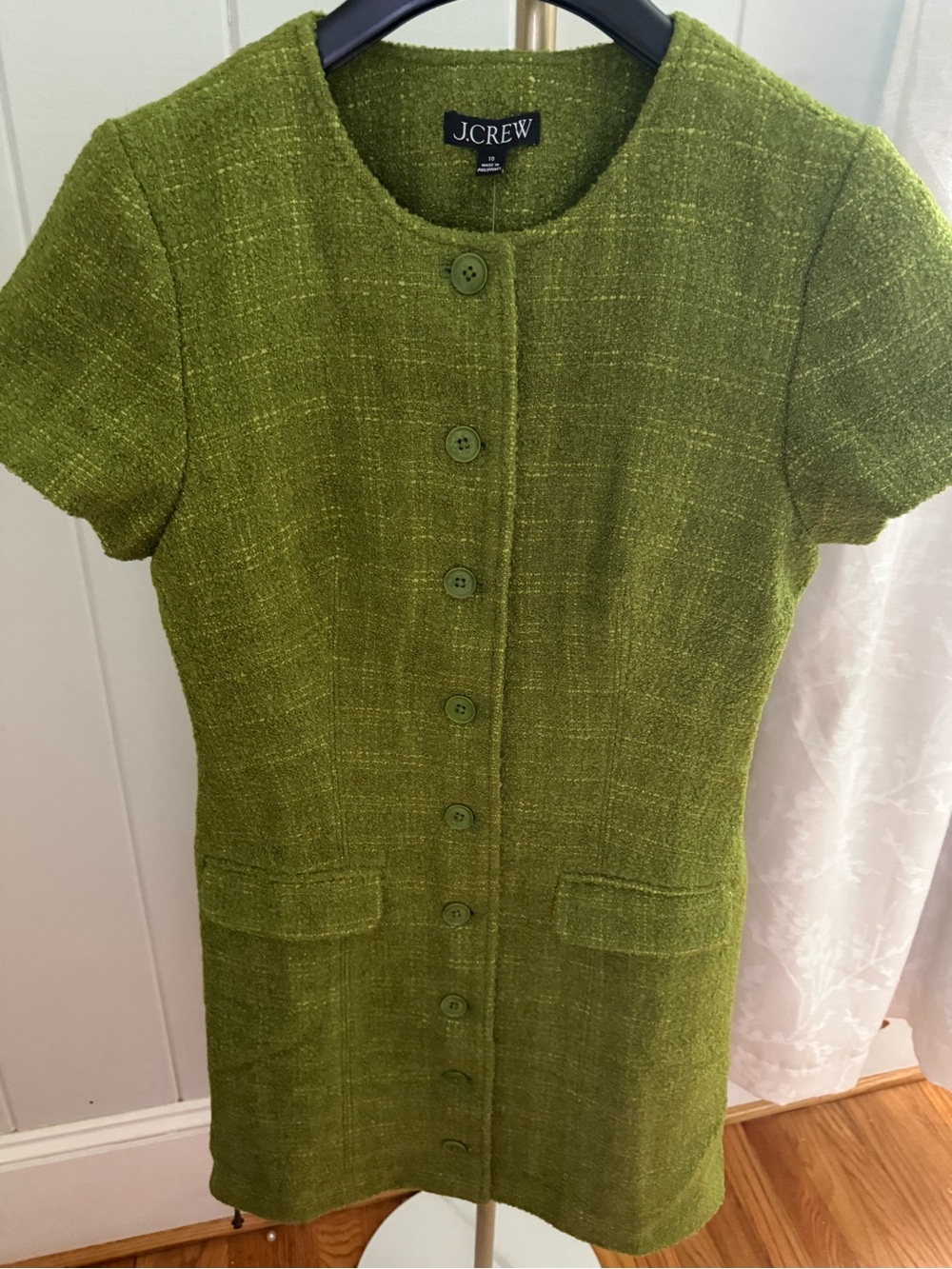 J. Crew Chartreuse Tweed Short-Sleeve Button Front Dress